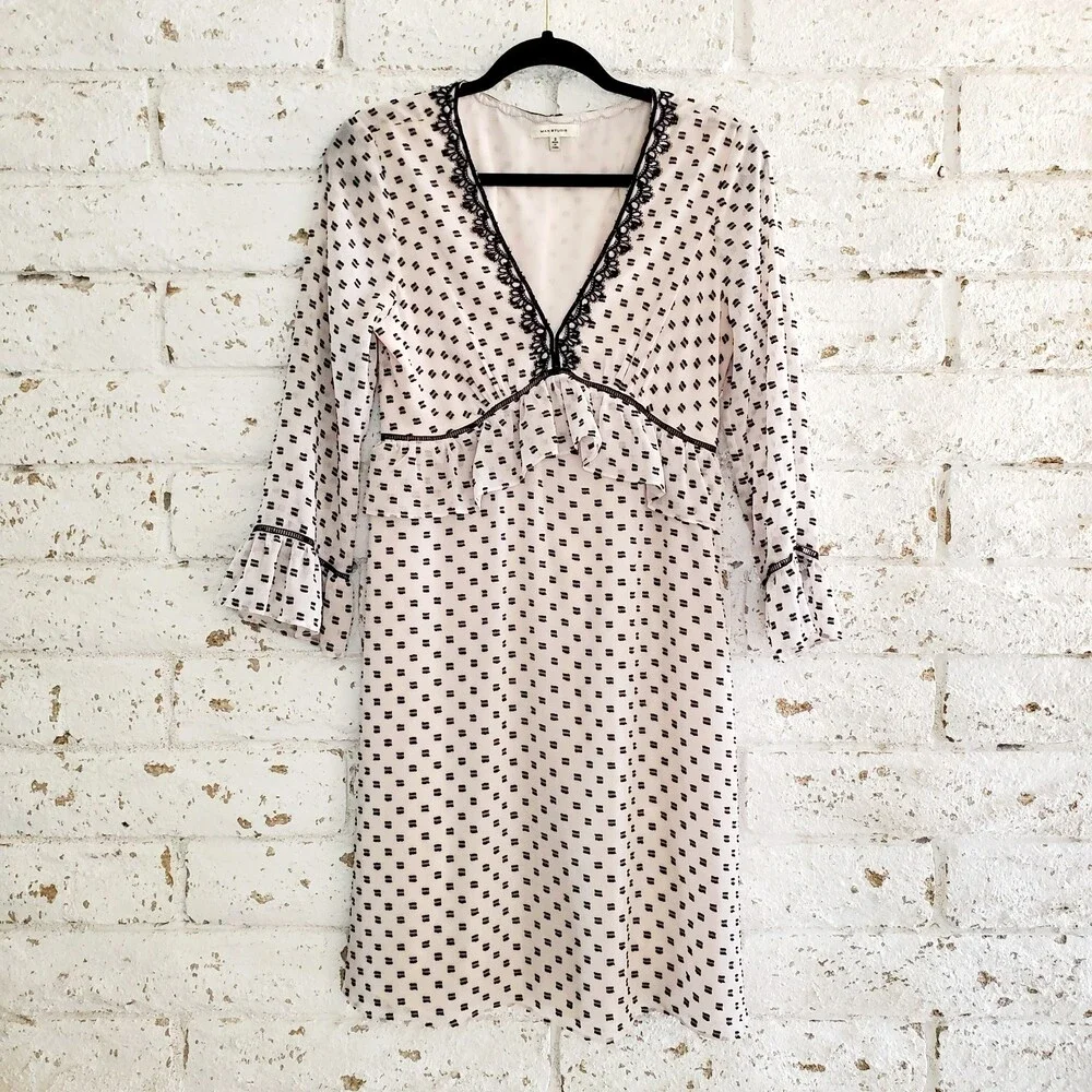 Max Studio Polka Dot Peplum V Neck Ruffle Dress Lace Trim Elastic Waist Sz L - Picture 1 of 13